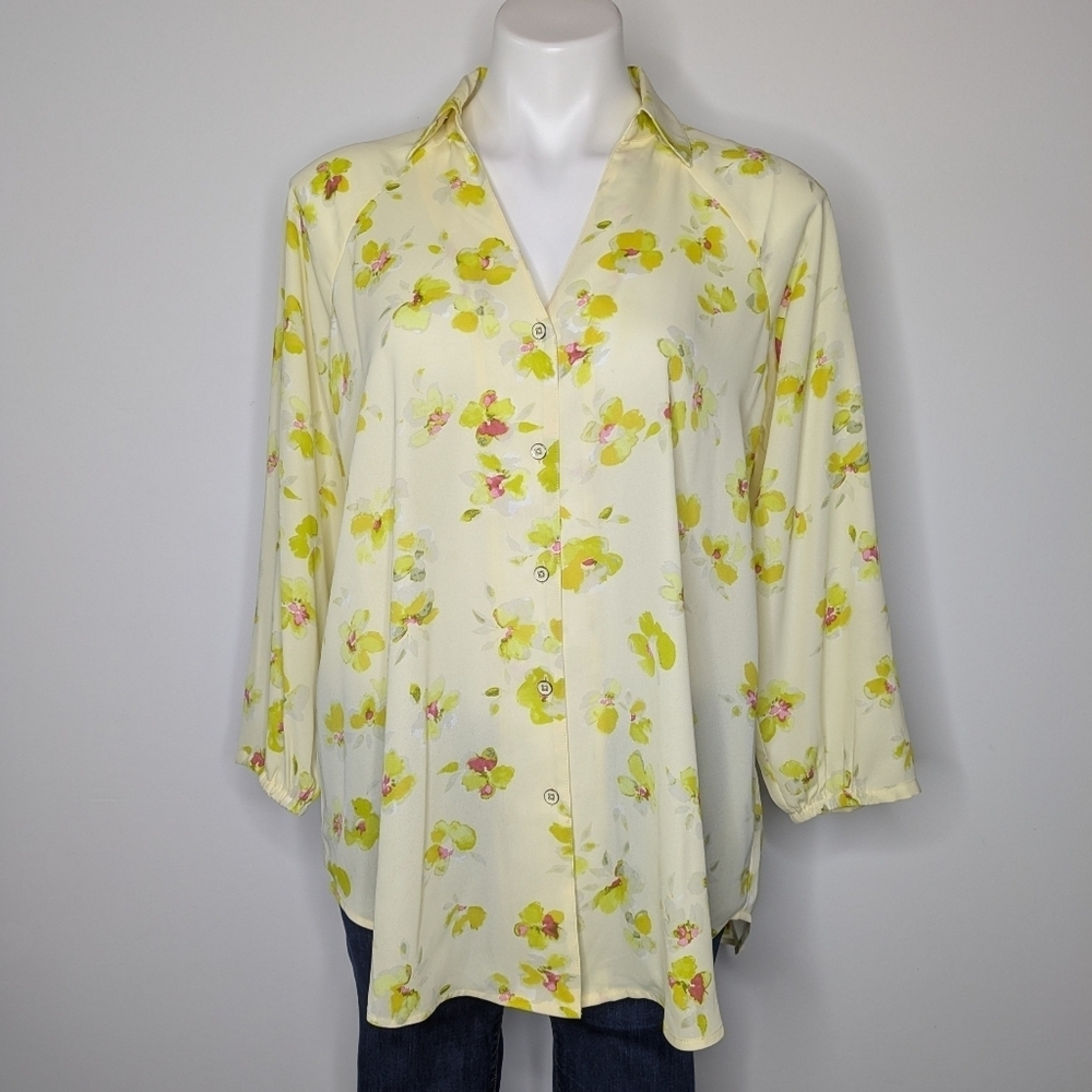 Cabi Yellow Floral Collared Button Up Blouse S